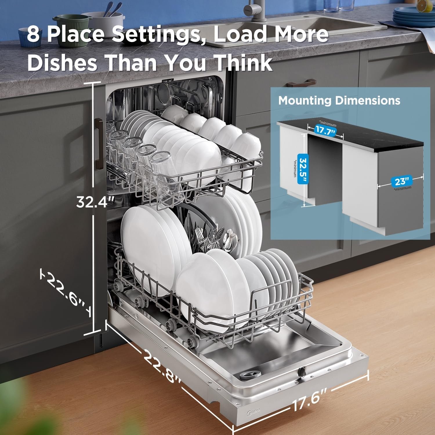 Midea 18 Inch Built-in Dishwasher – 8 Place Settings with Stainless Steel Tub, Heated Dry & 6 Wash Programs – MDF18A1AST - Image 3