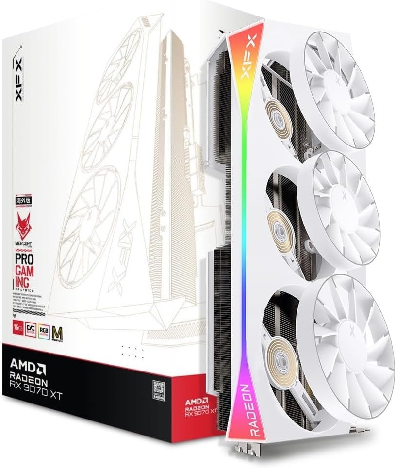 XFX Mercury AMD Radeon RX 9070 XT OC Magnetic Air White Edition Graphics Card – 16GB GDDR6 with RGB & 3100 MHz Boost – RX-97TMARGW9