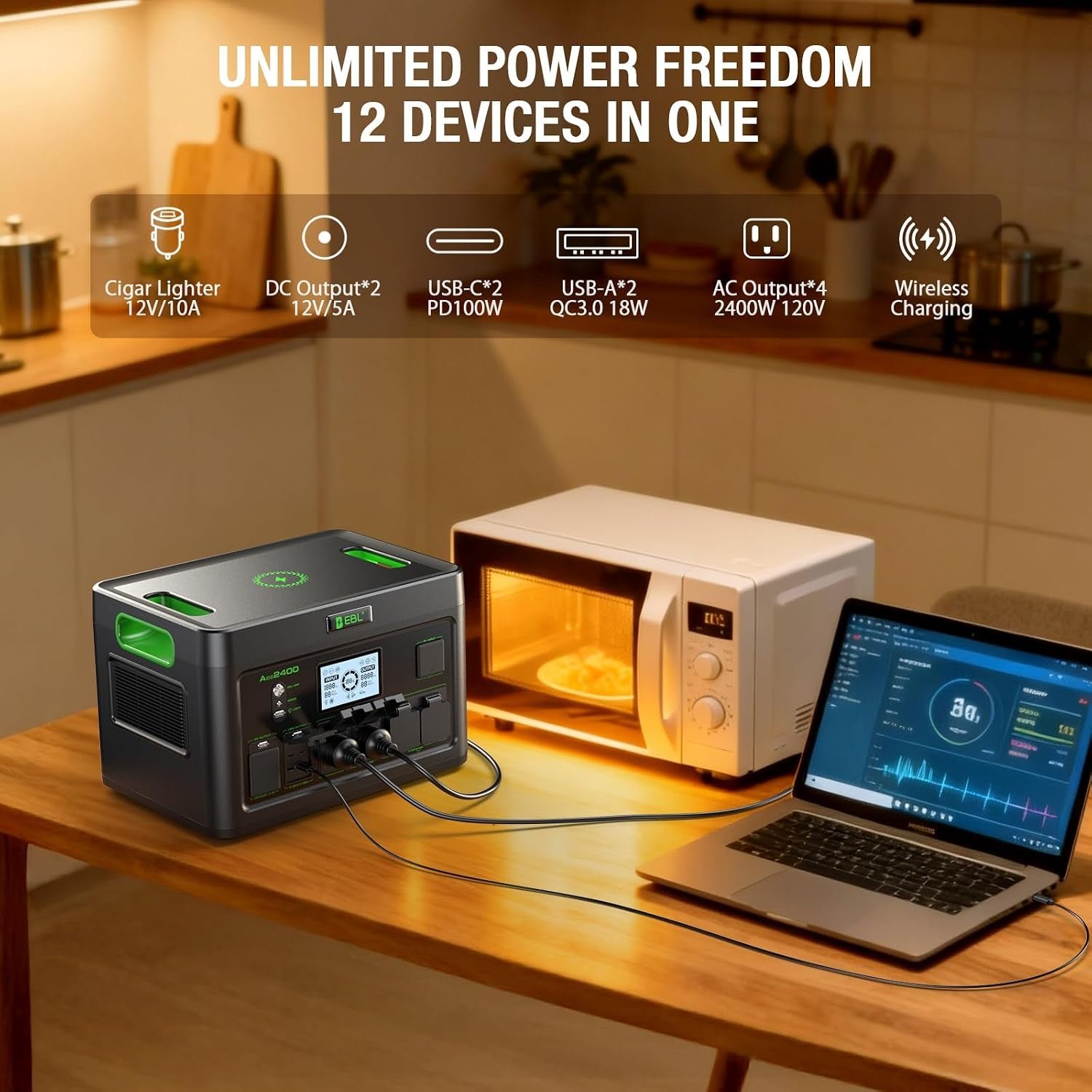 EBL Acc2400 Portable Power Station – 1843.2Wh LiFePO4 with 2400W Output & 12 Charging Ports – Acc2400 - Image 6