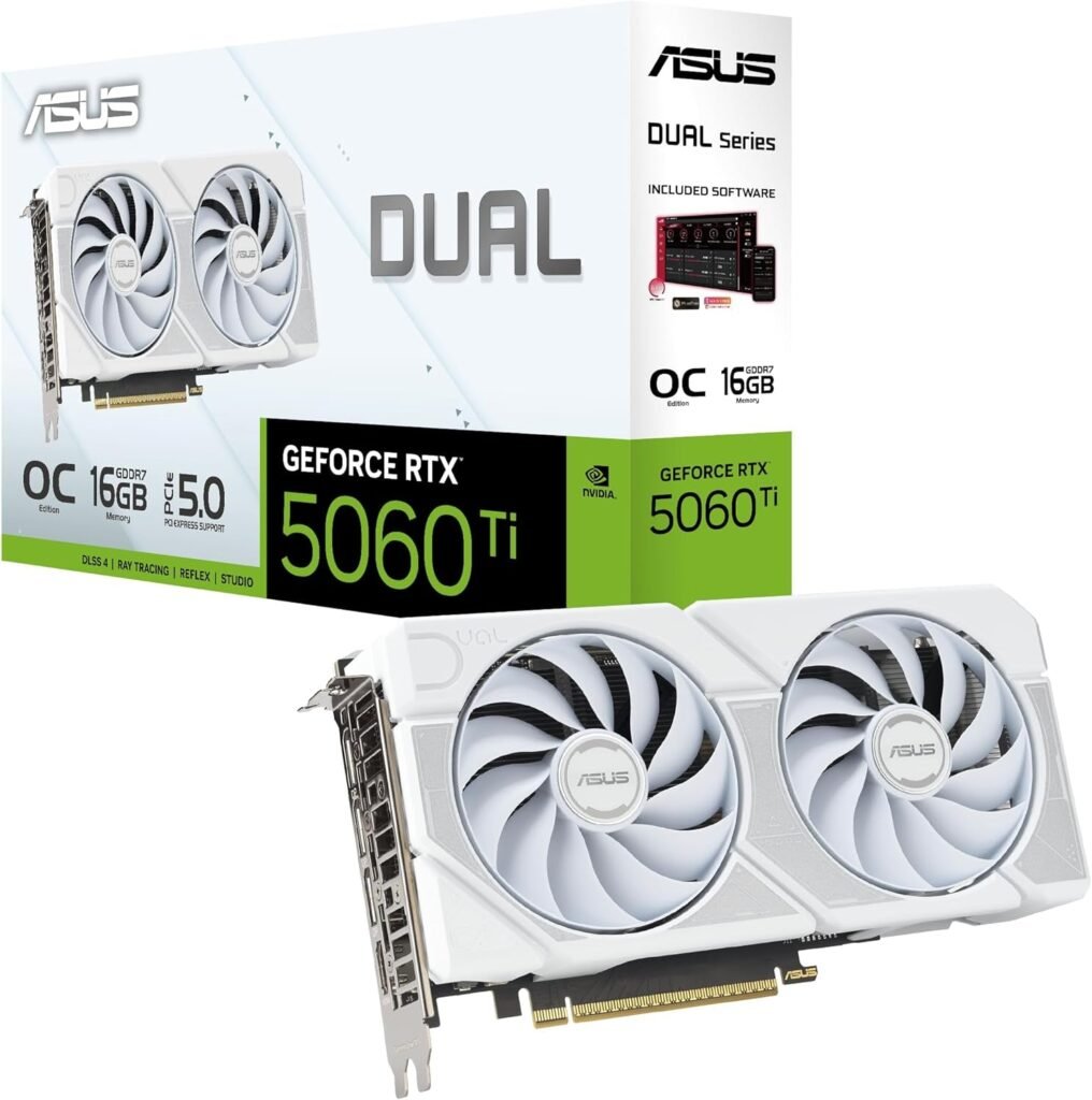 ASUS Dual GeForce RTX 5060 Ti 16GB GDDR7 White OC Edition Graphics Card – 16GB GDDR7 with Axial-Tech Fans & Dual BIOS – DUAL-RTX5060TI-O16G-WHITE