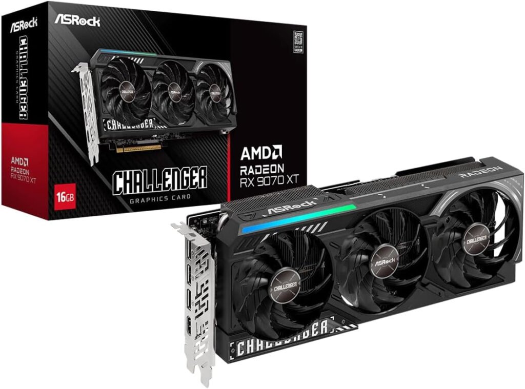 ASRock Radeon RX 9070 XT Challenger 16GB OC Graphics Card – 16GB GDDR6 with Triple Fan Cooling & 0dB Silent – RX9070XT CL 16G