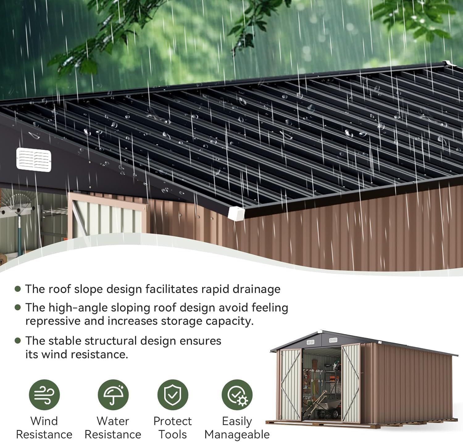 Aoxun 12×10 FT Outdoor Storage Shed – Metal Garden Shed with Double Hinged Doors for Lawn Tools, Bikes & Patio Furniture - Image 6