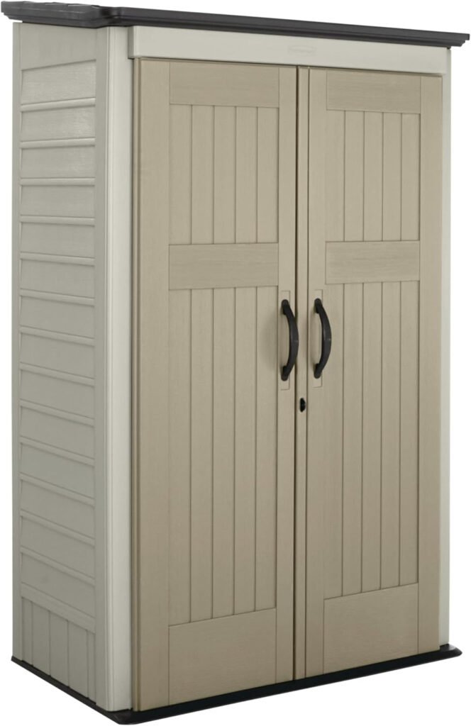 Rubbermaid 4×2.5 FT Vertical Storage Shed – Resin Outdoor Cabinet with Floor for Garden Tools, Pool Chemicals & Patio Cushions