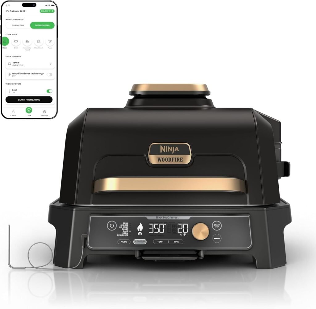 Ninja Woodfire ProConnect Premium XL 7-in-1 Outdoor Grill & Smoker – App Enabled with Woodfire Technology & Built-In Thermometer – OG951BK1