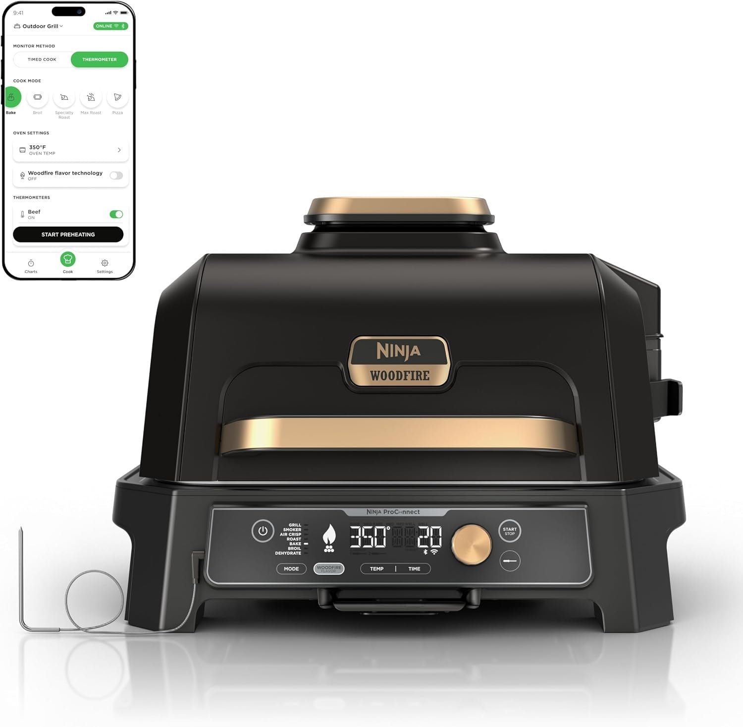 Ninja Woodfire ProConnect Premium XL 7-in-1 Outdoor Grill & Smoker – App Enabled with Woodfire Technology & Built-In Thermometer – OG951BK1
