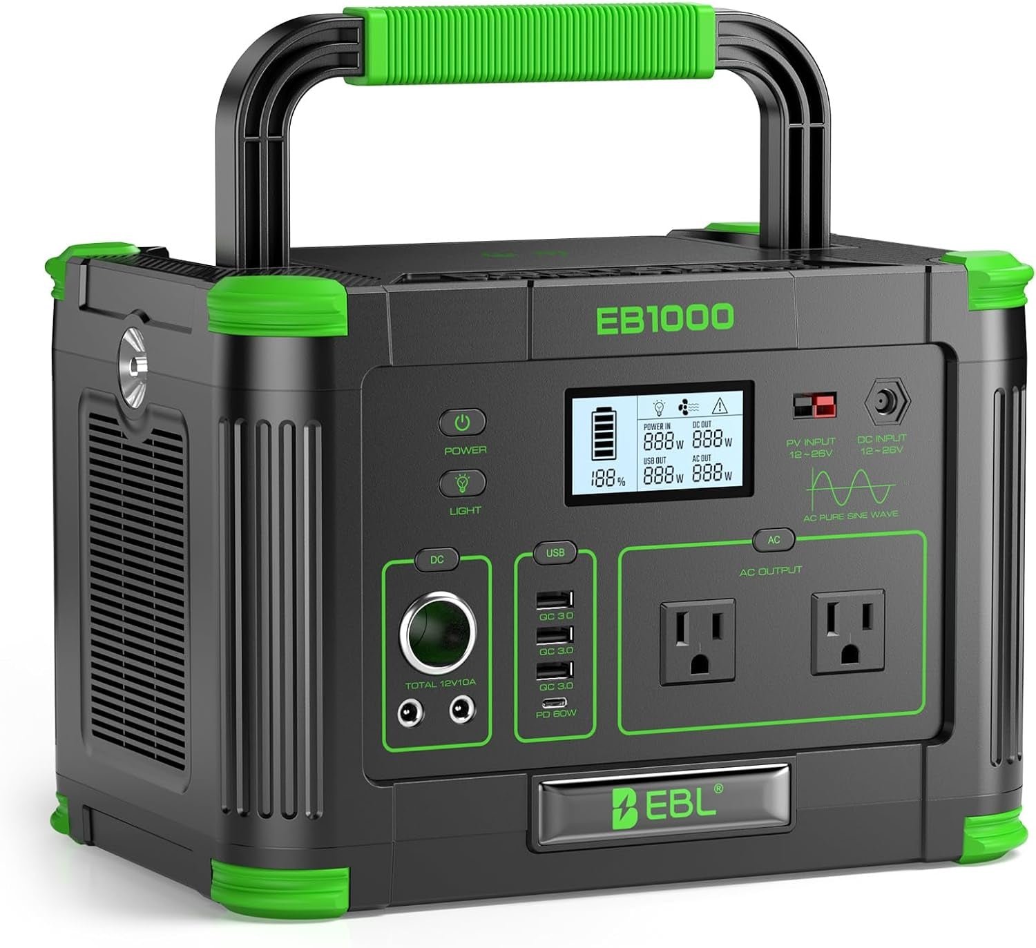GRECELL EB1000 Portable Power Station – 999Wh with 1000W Pure Sine Wave AC Output & 10 Charging Ports – EB1000